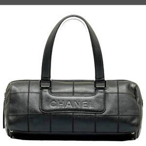 Chanel Chocolate Bar Logo Mini Boston Bag Handbag Black Caviar Skin